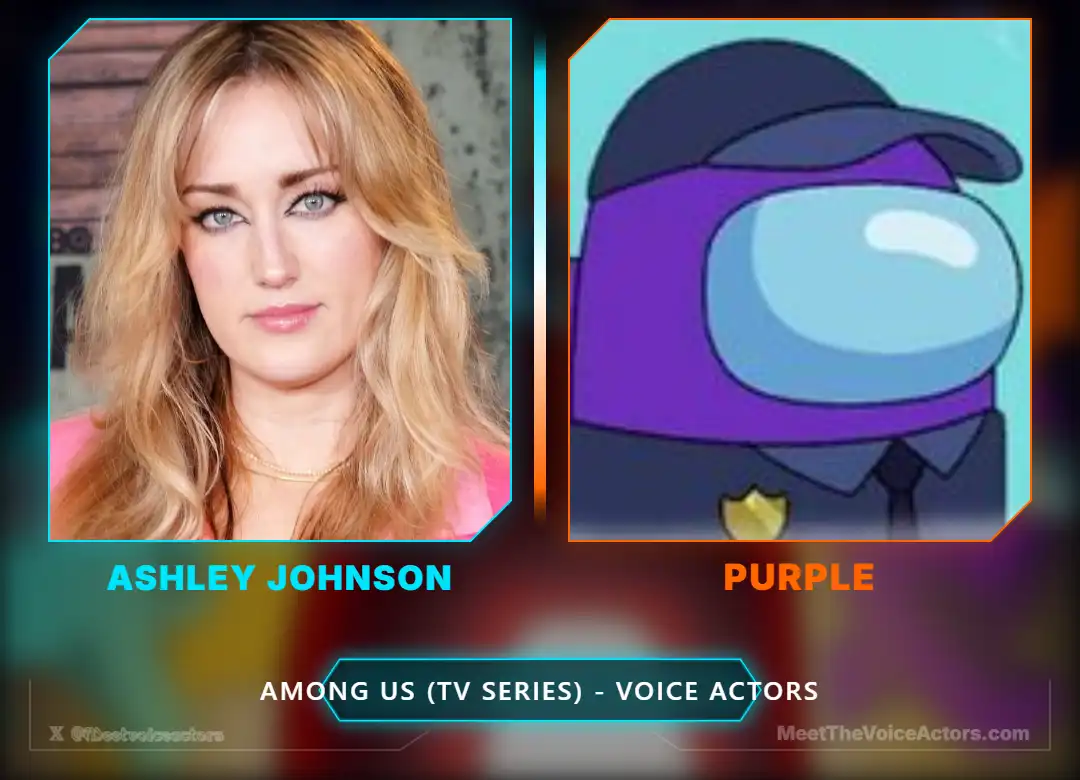 Voice actor Ashley Johnson next to the Purple security chief character from the Among Us animated series.