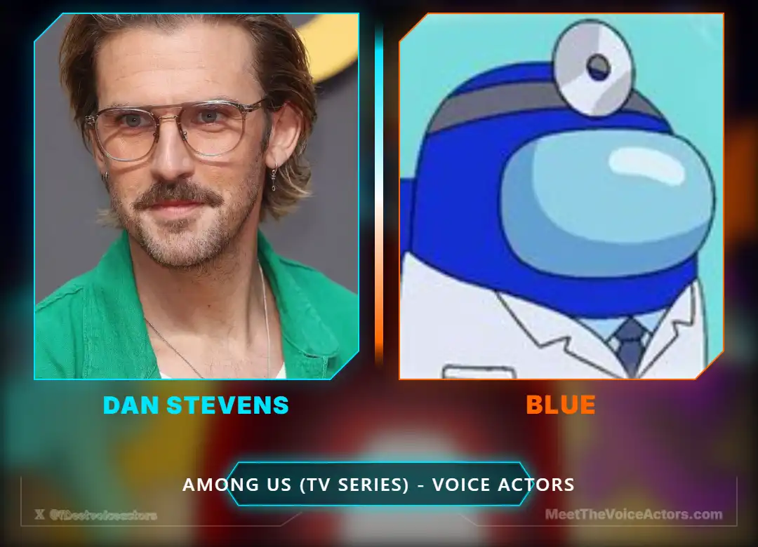 Voice actor Dan Stevens next to the Blue doctor character from the Among Us animated series.