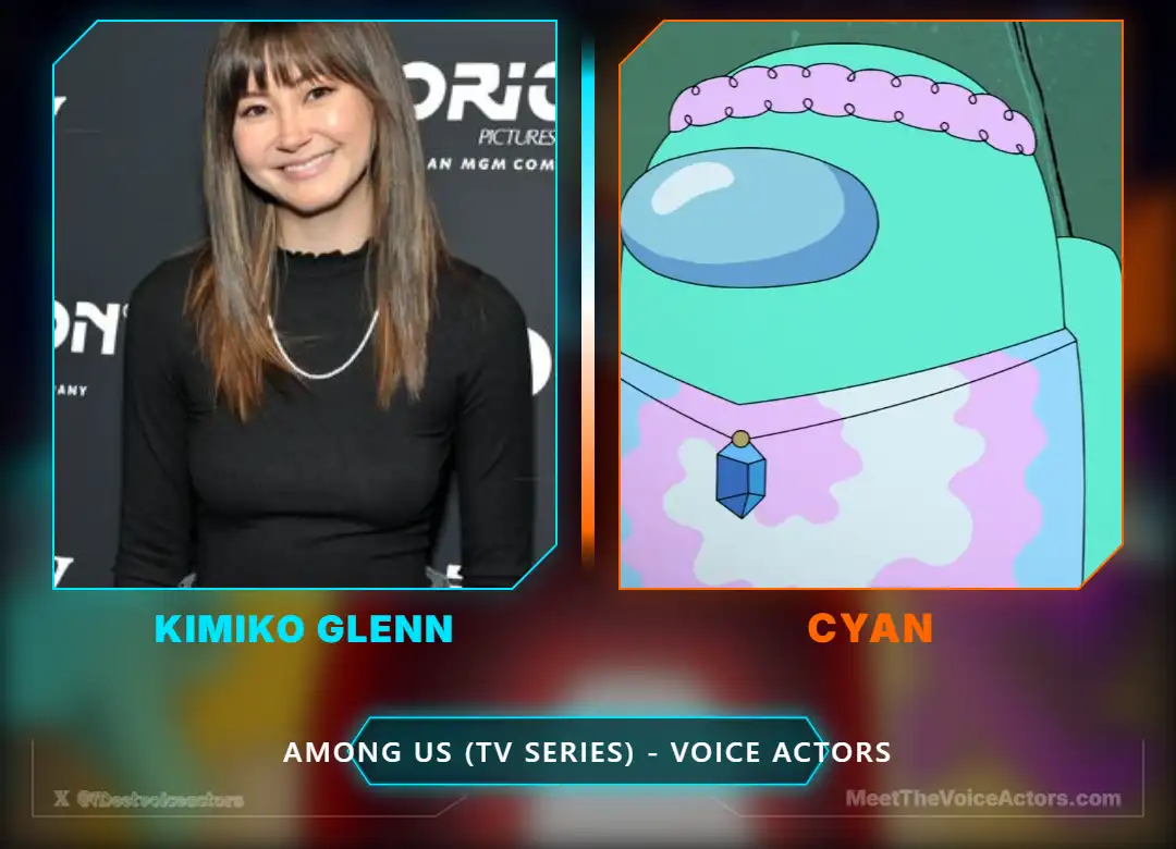 Voice actor Kimiko Glenn next to the Cyan gemologist character from the Among Us animated series.