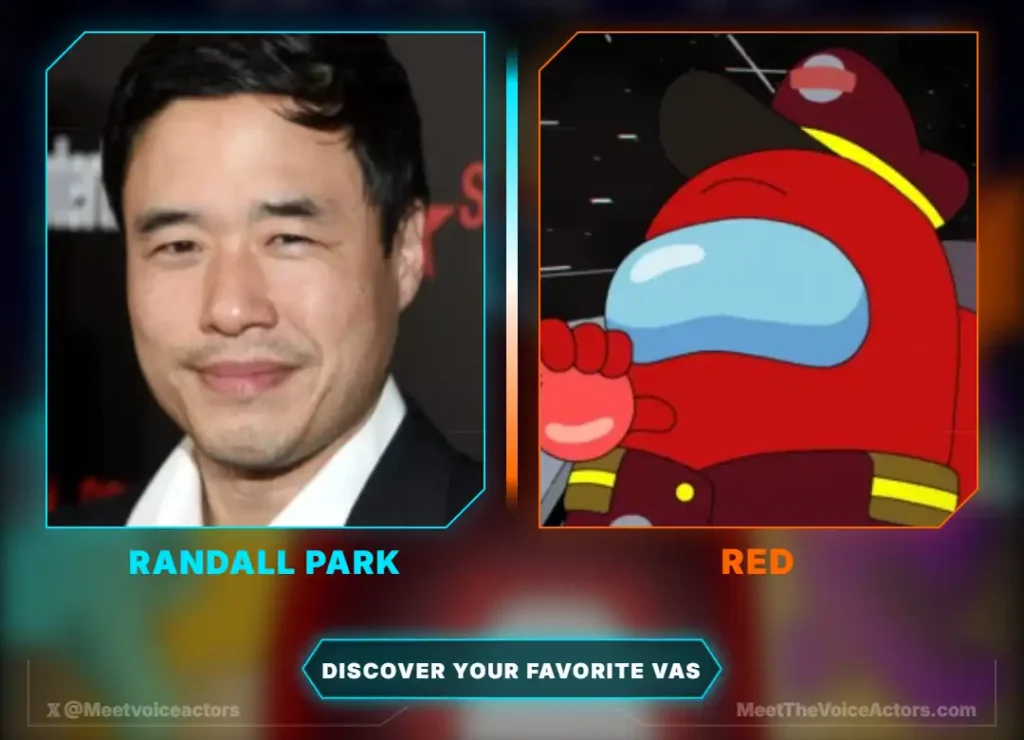 Voice actor Randall Park next to the Red crewmate character from the Among Us animated series.