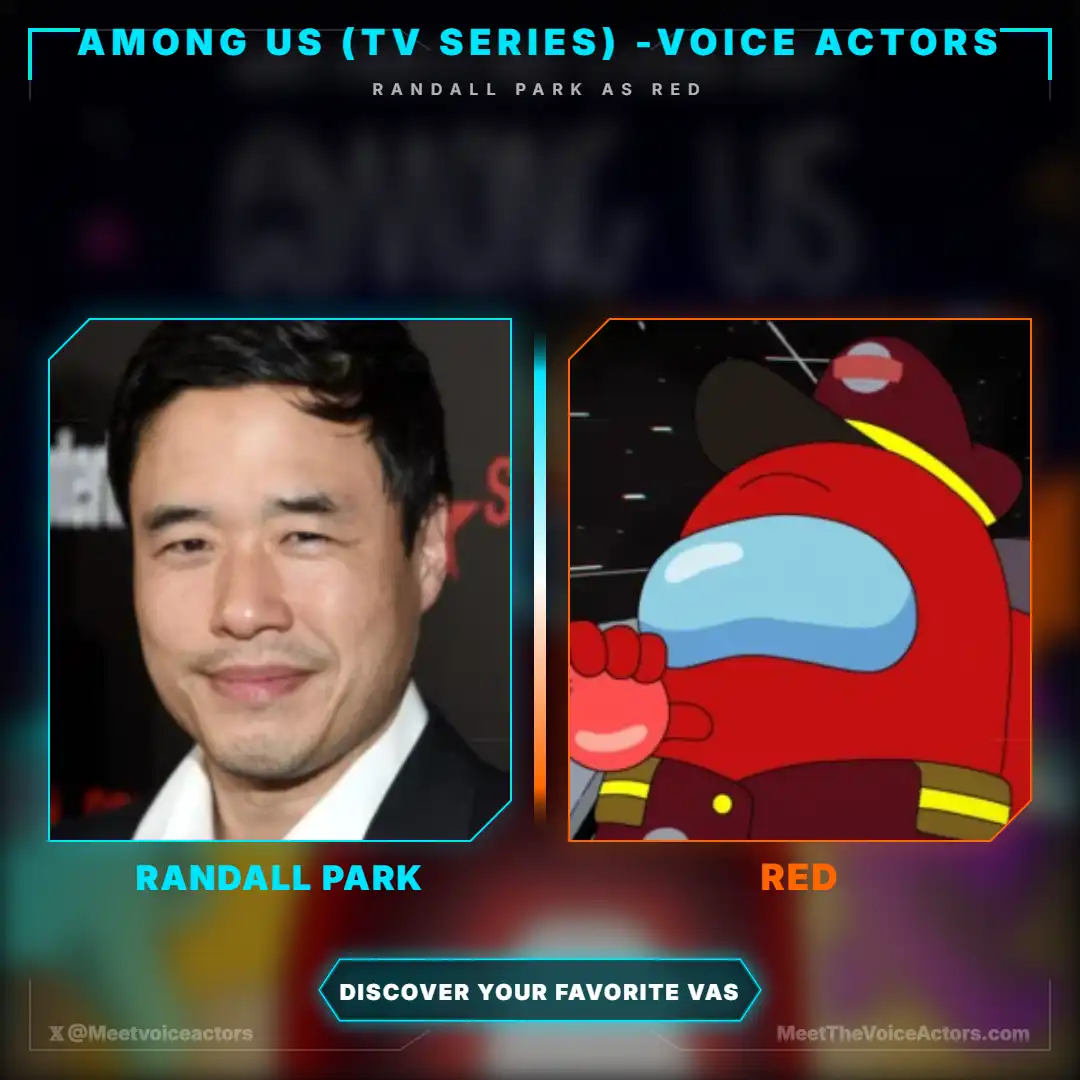 Voice actor Randall Park next to the Red crewmate character from the Among Us animated series.