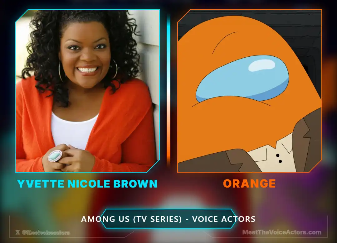 Voice actor Yvette Nicole Brown next to the Orange HR manager character from the Among Us animated series.